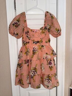 Women’s Buddy Love Size Small Peach Floral Tiered Puff-Sleeve Dress